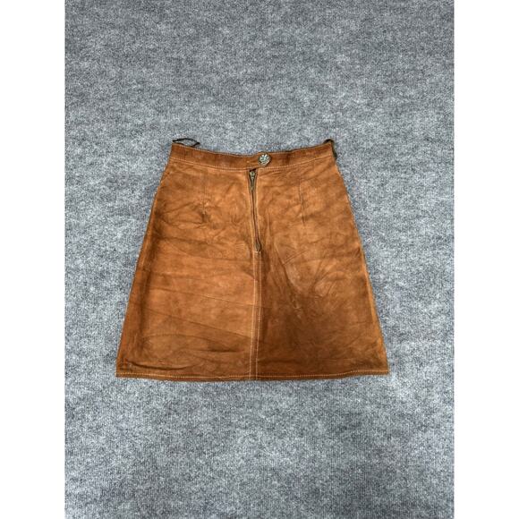 Vintage Brown Suede Leather Mini Skirt LaceUp Back Zipper Front Green Lining 70s - Picture 2 of 14